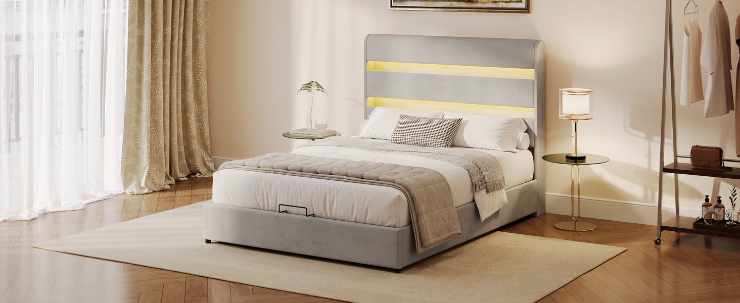 Gray Velvet Queen Hydraulic Storage Bed with LED Lights