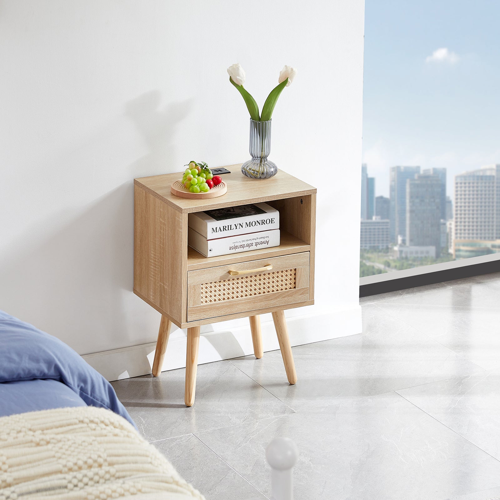 Nøordka Light Nightstand Default 16" Natural Rattan End Table With Power Outlet