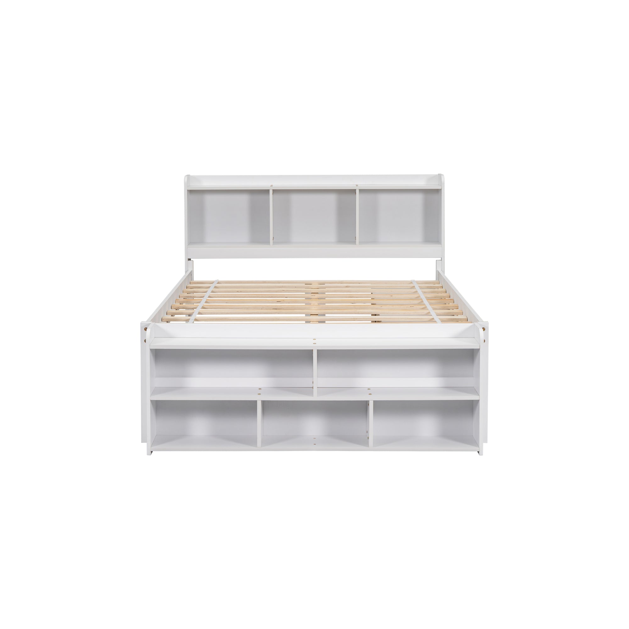 White Full Bed with Bookcase Headboard, Under-Bed Storage Drawers, and Bed-End Storage Case