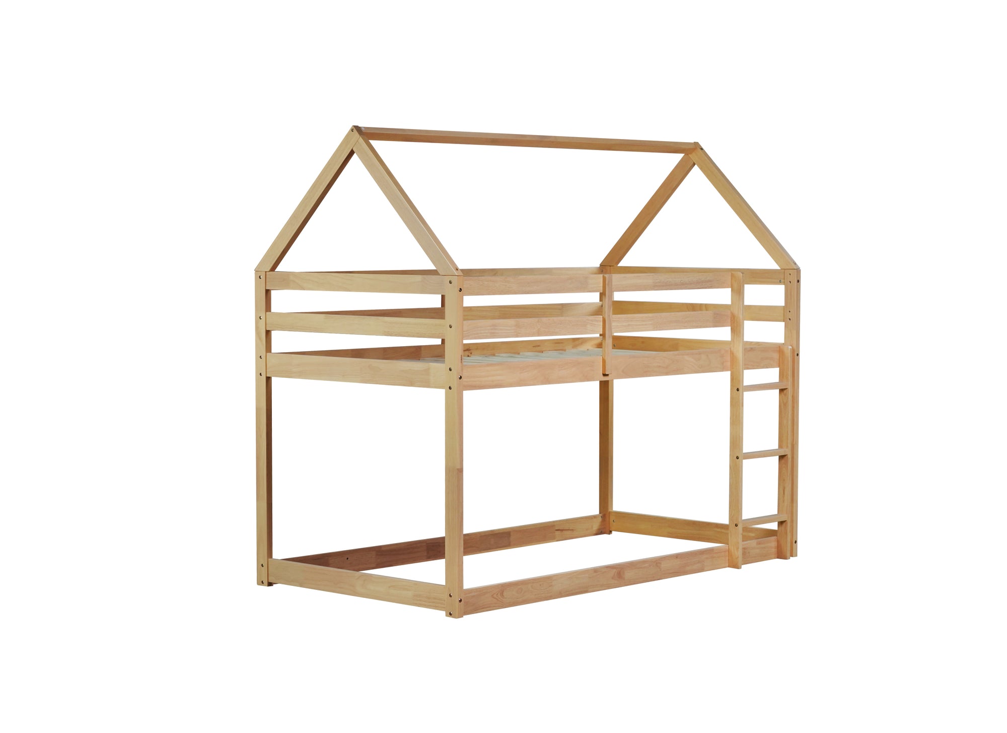 White Oak Twin Over Twin Rubber Wood House-Shaped Bunk Bed with Ladder & Guardrails