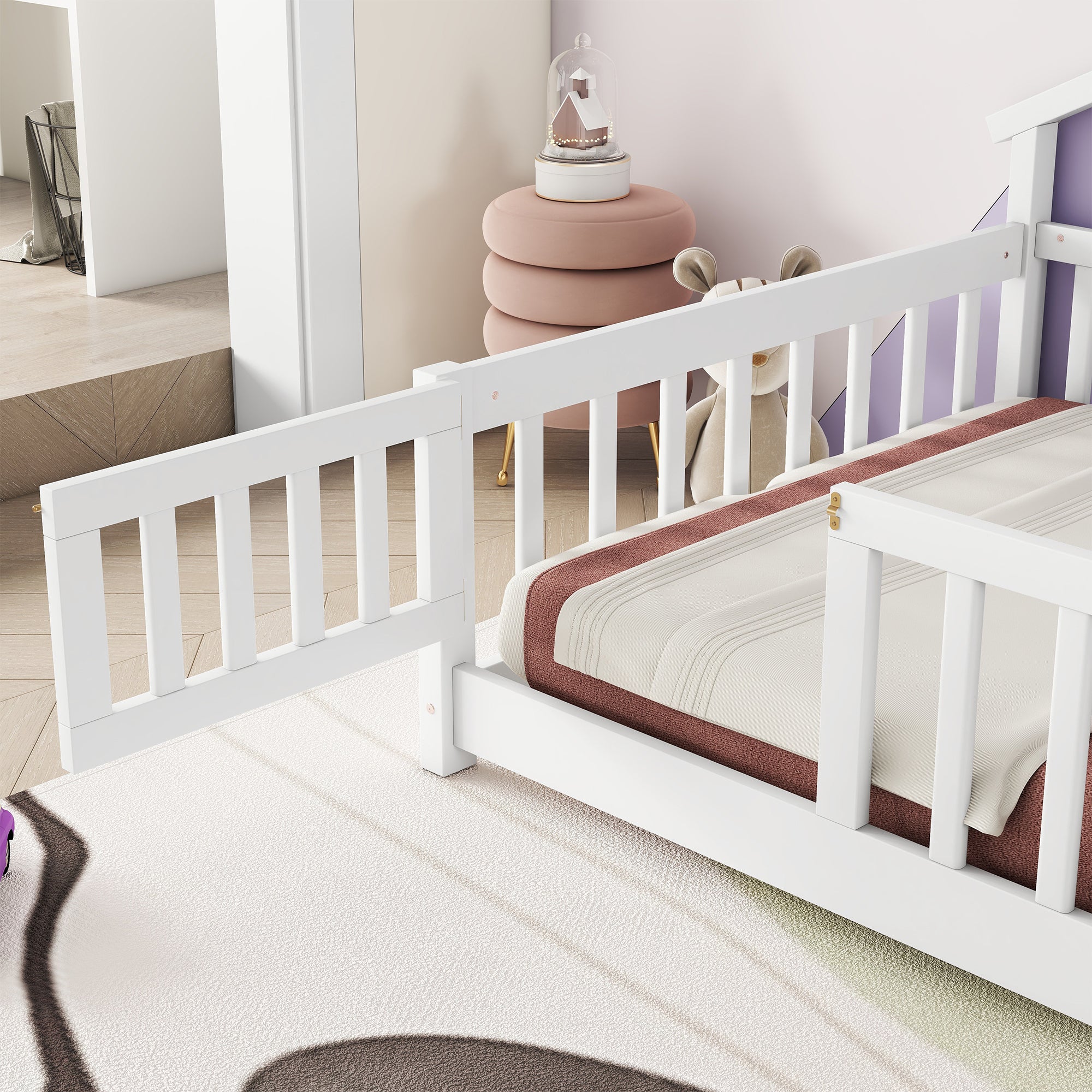 Twin House-Shaped Bedside Toddler Floor Bed with Guardrails, Slats & Door