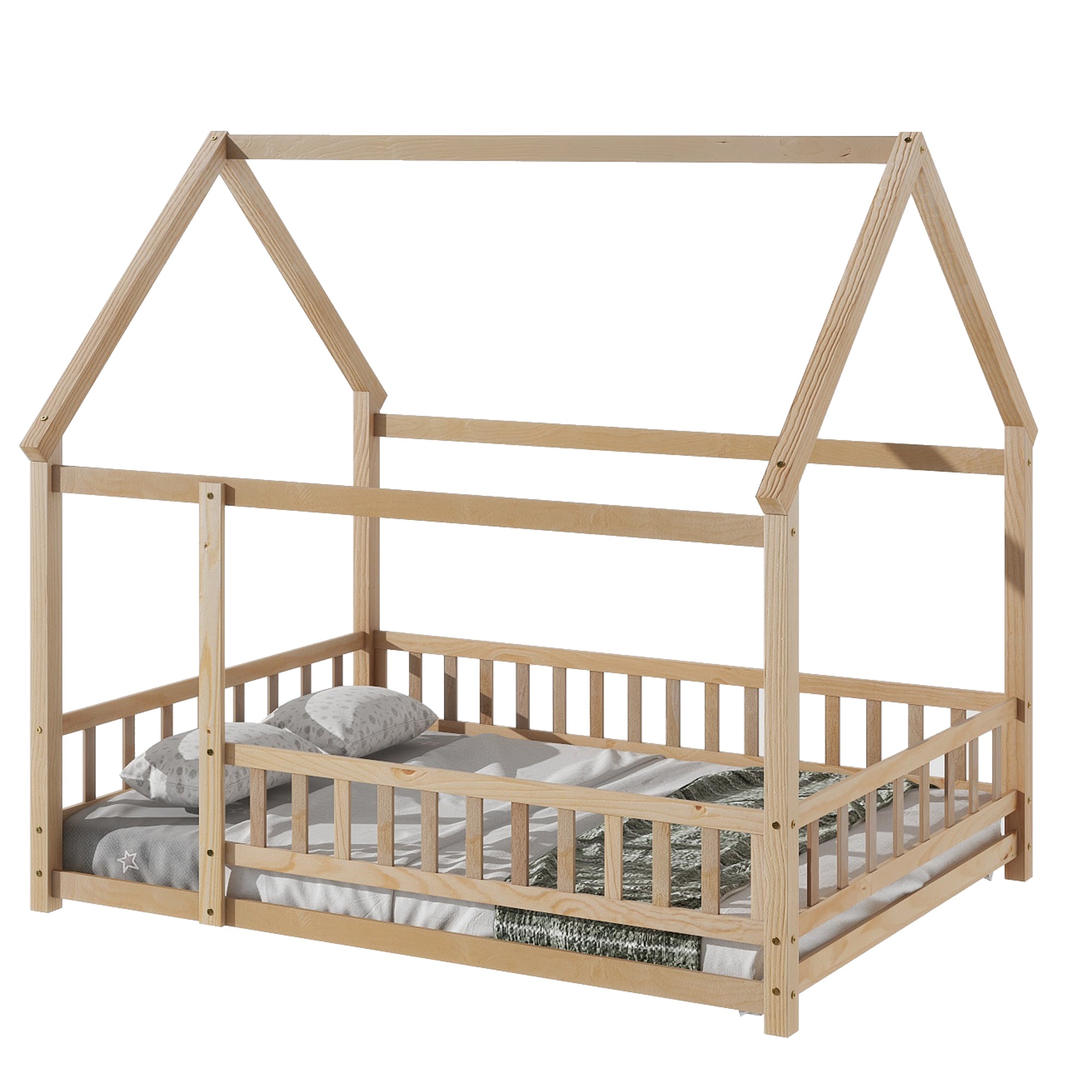 Natural Full Size Floor Wooden Toddler Floor Bed with House Roof Frame and Fence Guardrails