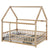 Natural Full Size Floor Wooden Toddler Floor Bed with House Roof Frame and Fence Guardrails