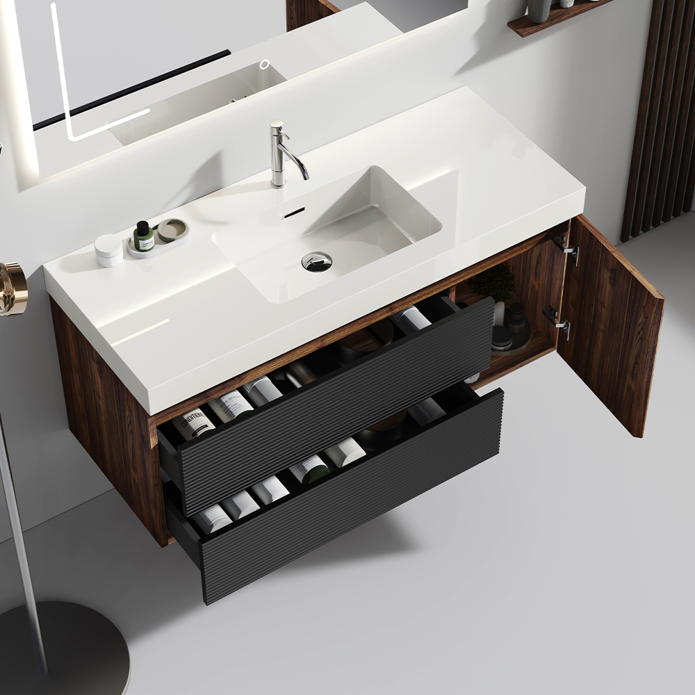 48 Inch Walnut Bathroom Vanity with Glossy White Sink and Soft Black Drawers Wall Mounted Floating Vanity In Walnut and White