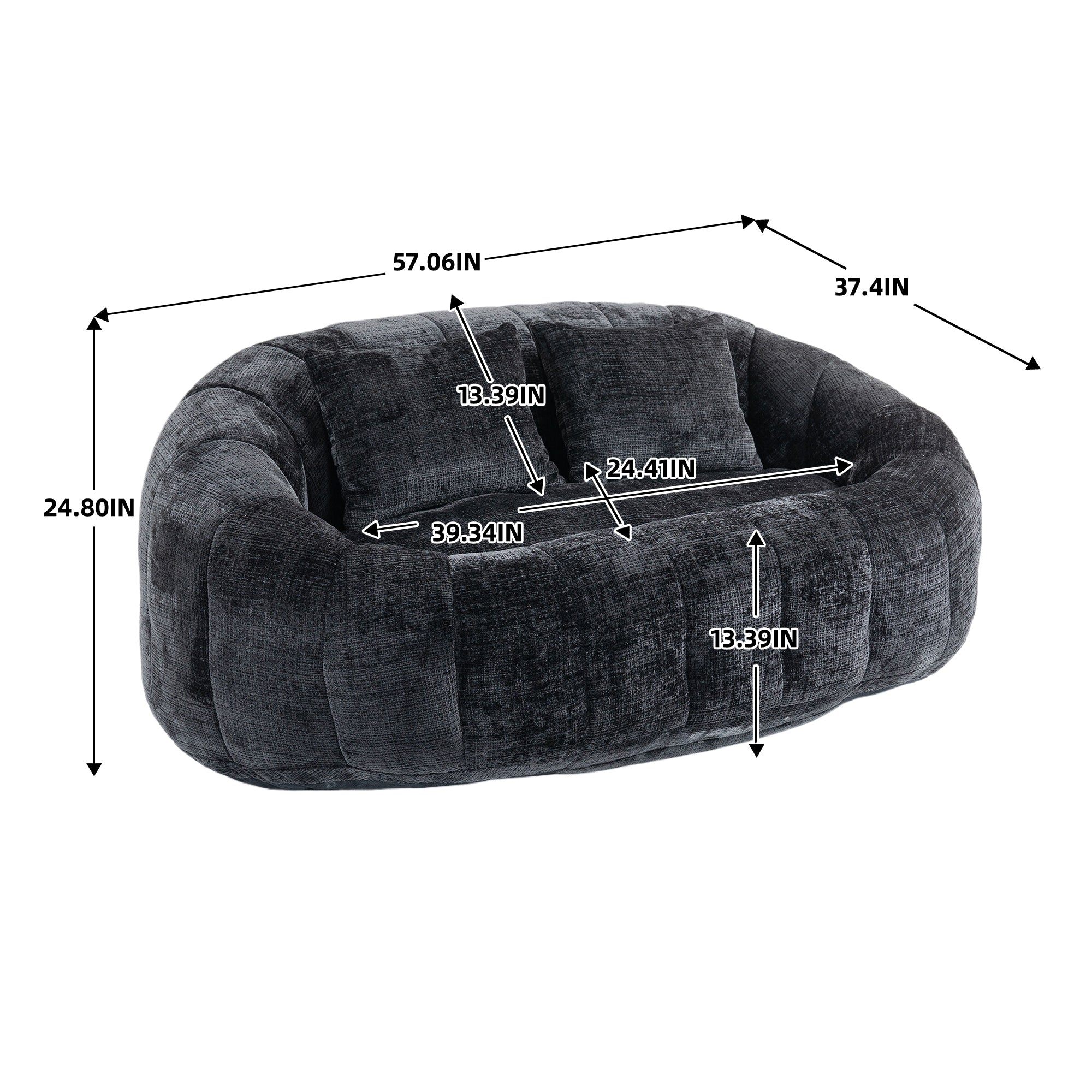 Comfortable High-Back Bean Bag Sofa in Black Chenille