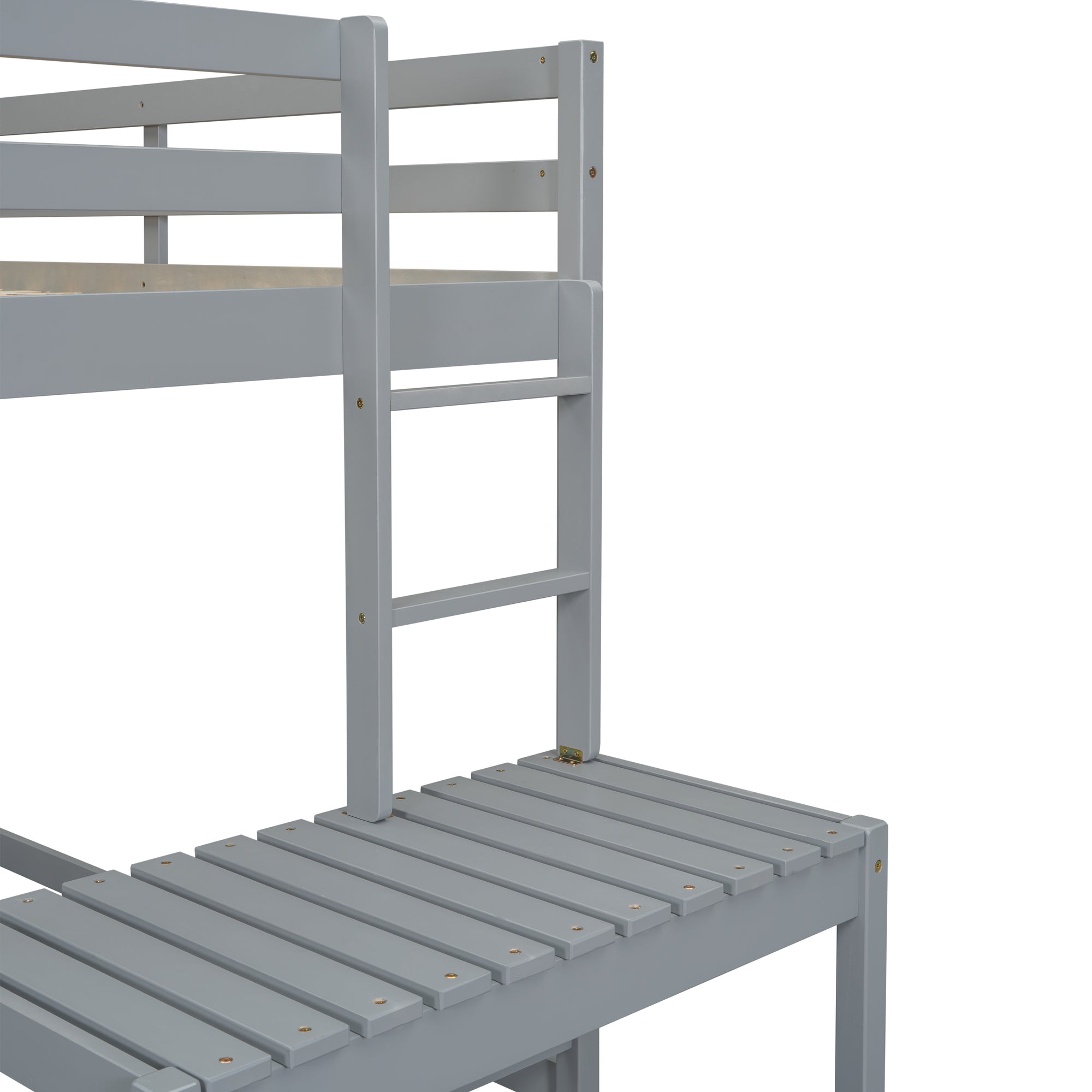 Gray Twin High Loft Bed with Ladder Landing Platform and Guardrails