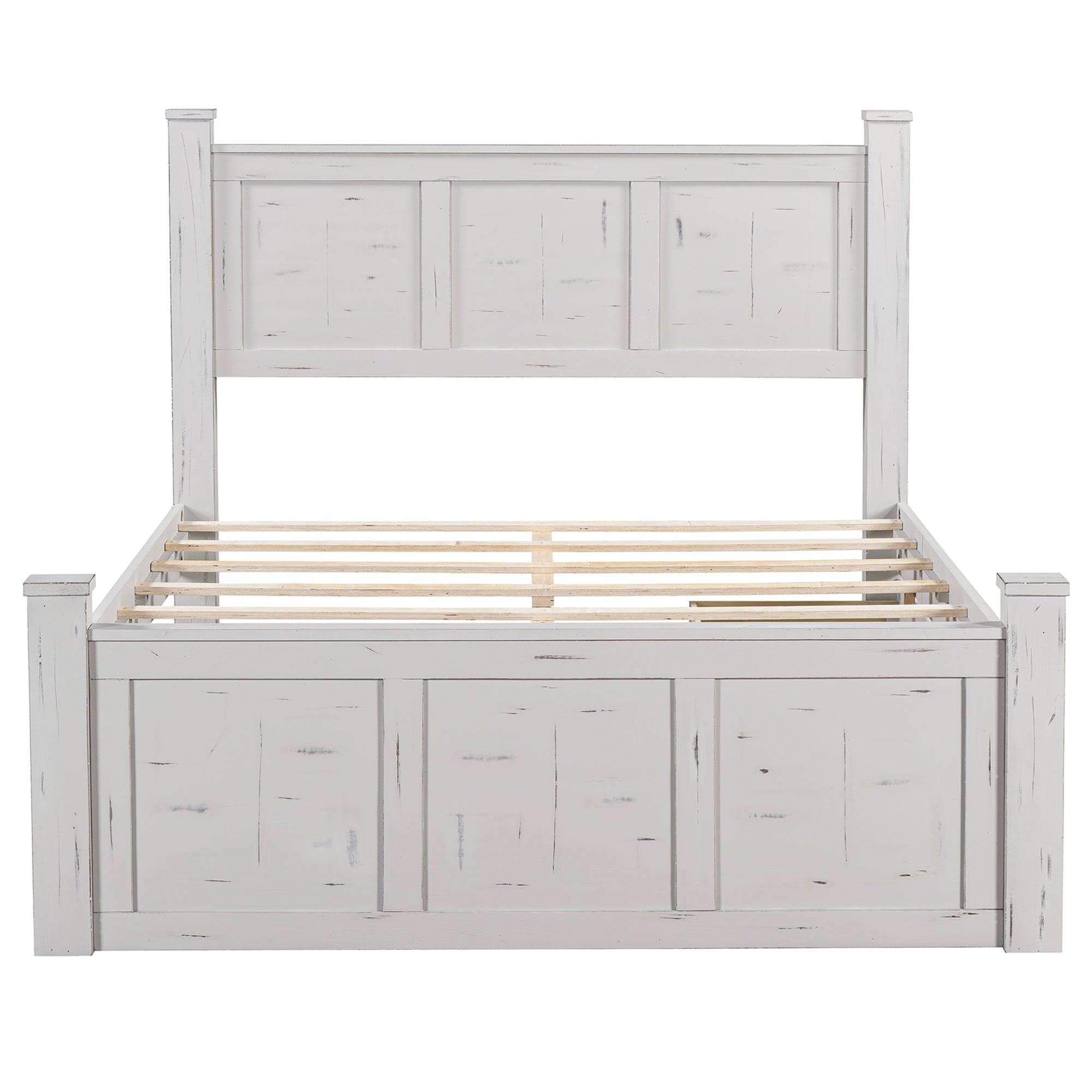 Ancient White Queen Size Farmhouse Bed Frame with Storage Drawers