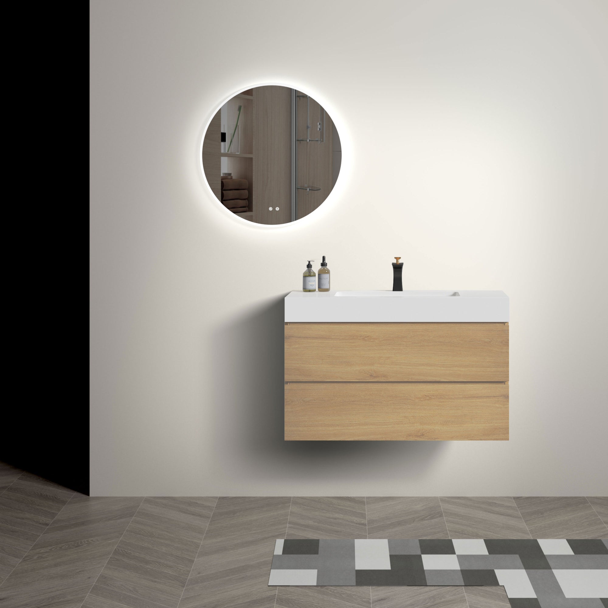 Oak Bathroom Vanity with Black Sink Large Storage Wall Mounted Floating Design Pre-assembled In Dark Oak