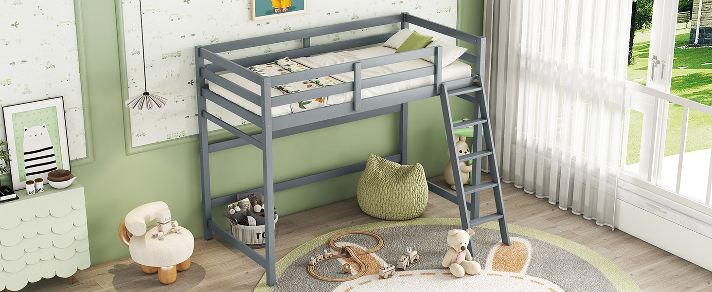 Gray Twin Size High Loft Bed with Inclined Ladder and Guardrails