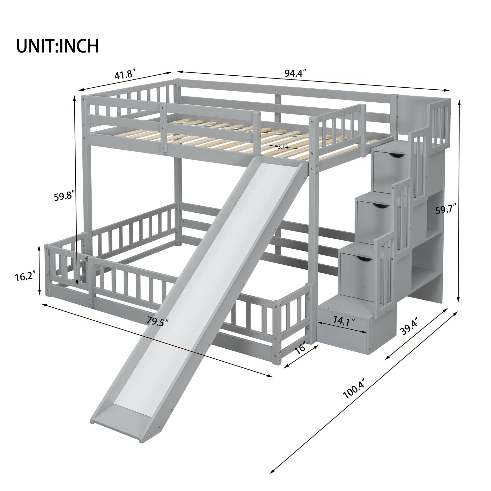 Twin Over Full Bunk Bed with Slide and Storage Staircase