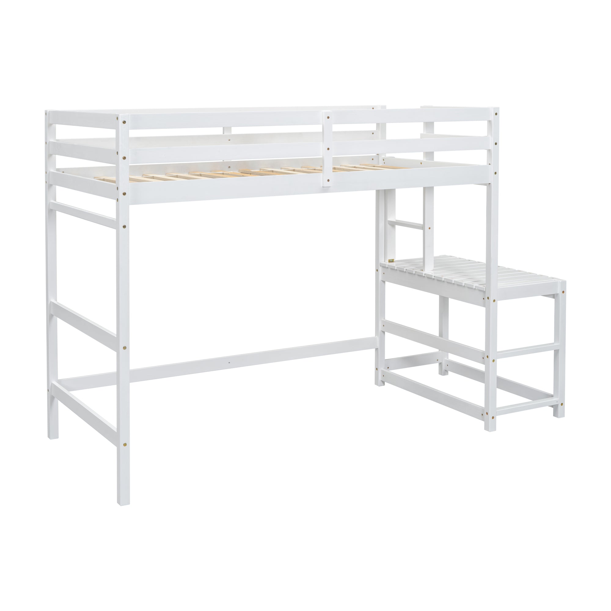 White Twin High Loft Bed with Ladder Landing Platform, Ladders, and Guardrails