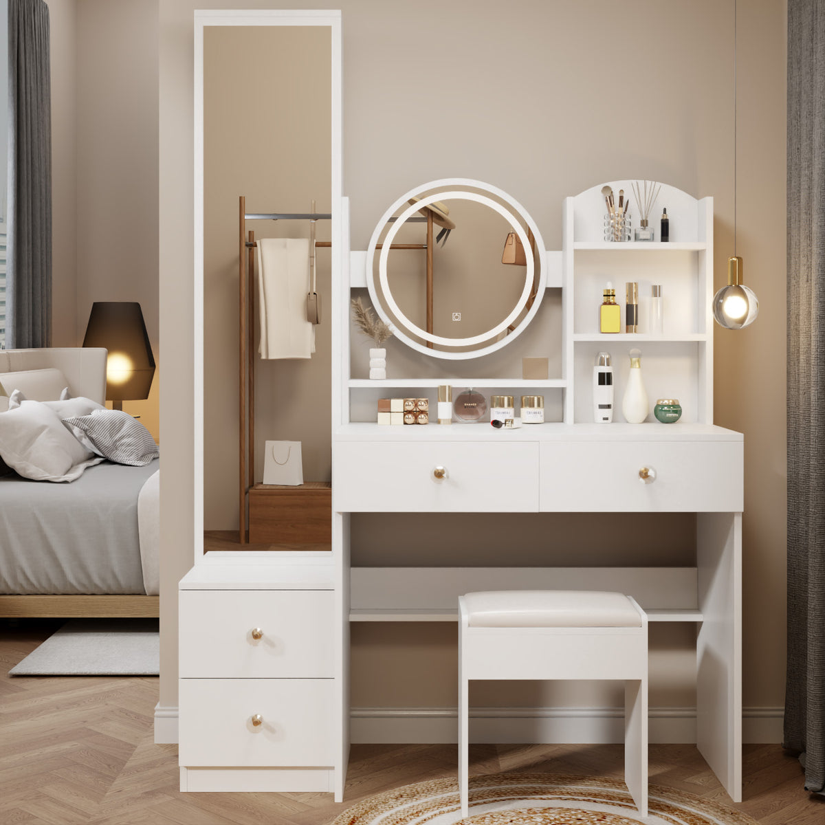 Full Body Mirror Cabinet With LED Vanity Table And Cushioned Stool In White