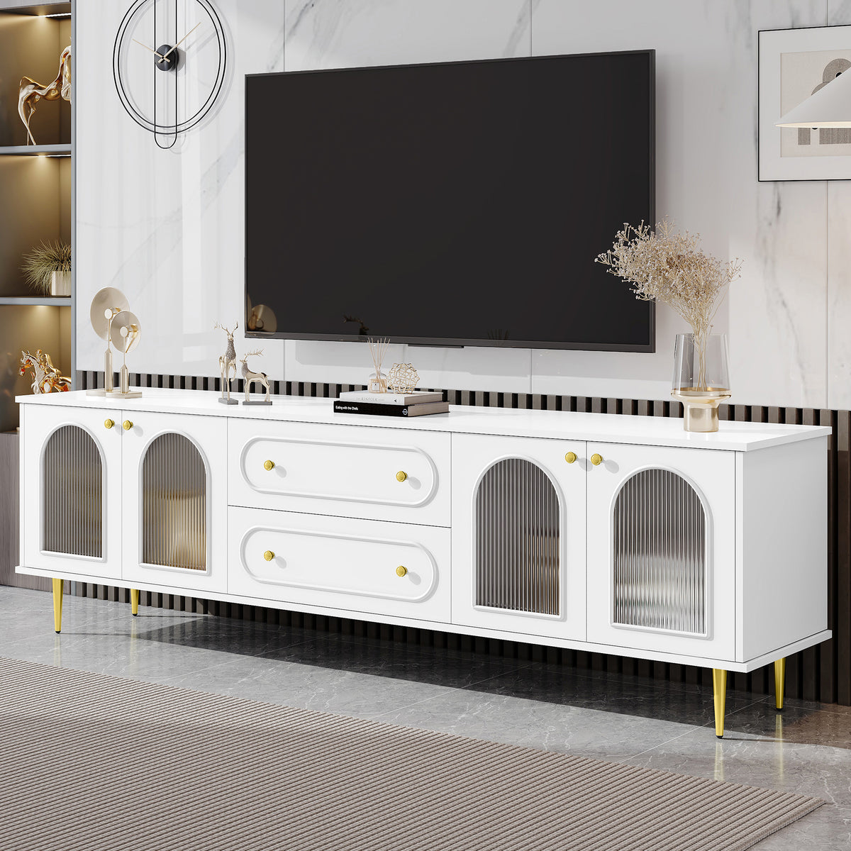 Modern 78.7&#39;&#39; TV Stand with Metal Legs and Fluted Glass Doors, 2 Drawers and Cabinets for Living Room, Fits Up to 80&#39;&#39; TV In White