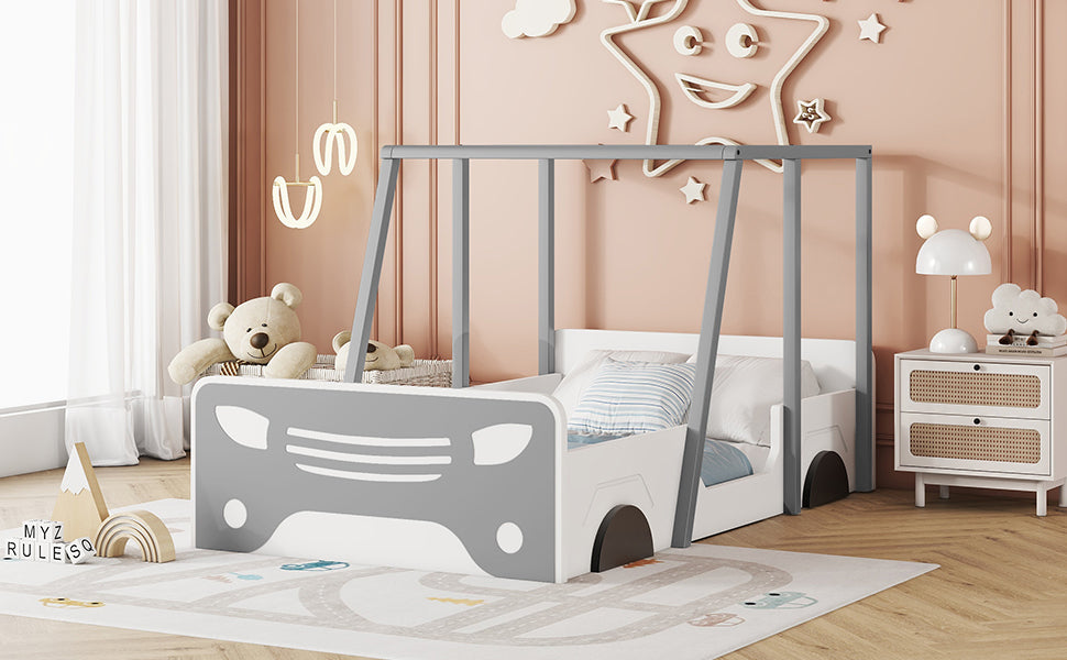 Gray Twin Size Car-Shaped Bed with Roof and Wooden Wheels