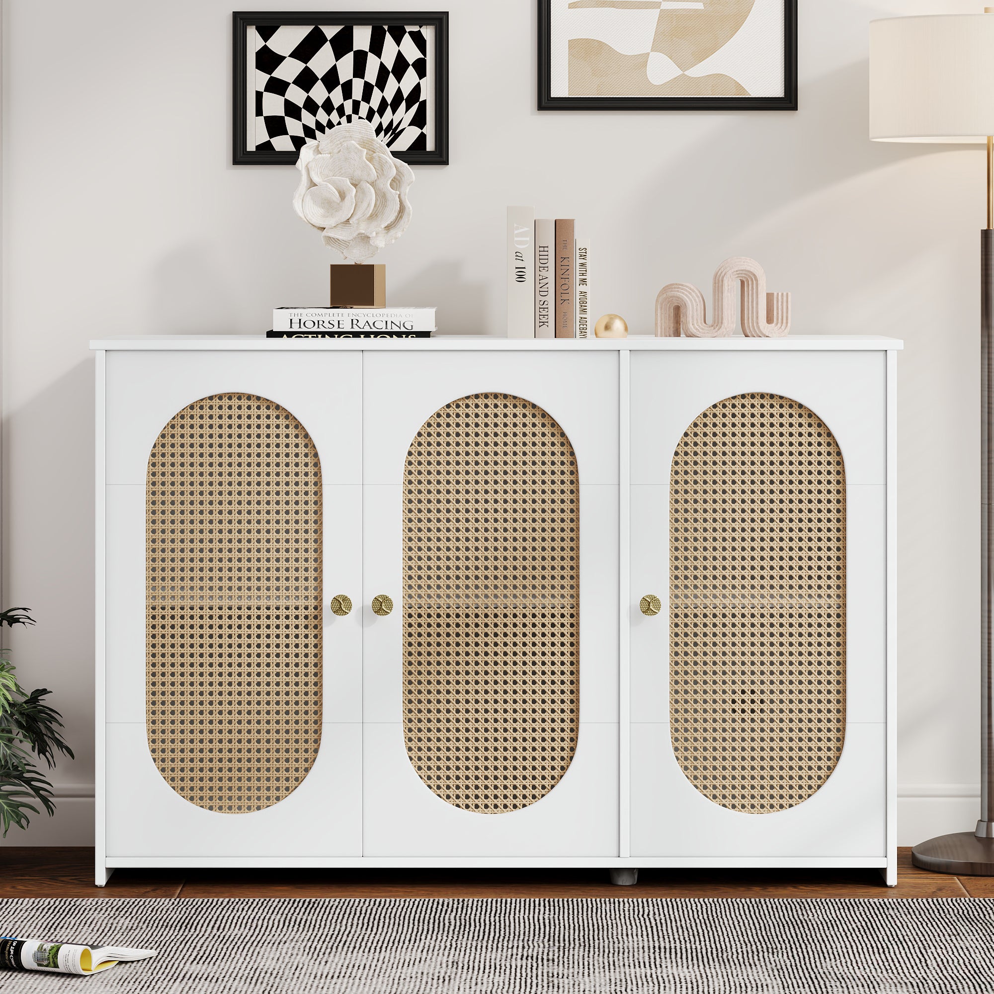 Retro 3-Door Sideboard with Large Storage Space and Rattan Doors Accent Cabinet for Living Room and Hallway In White