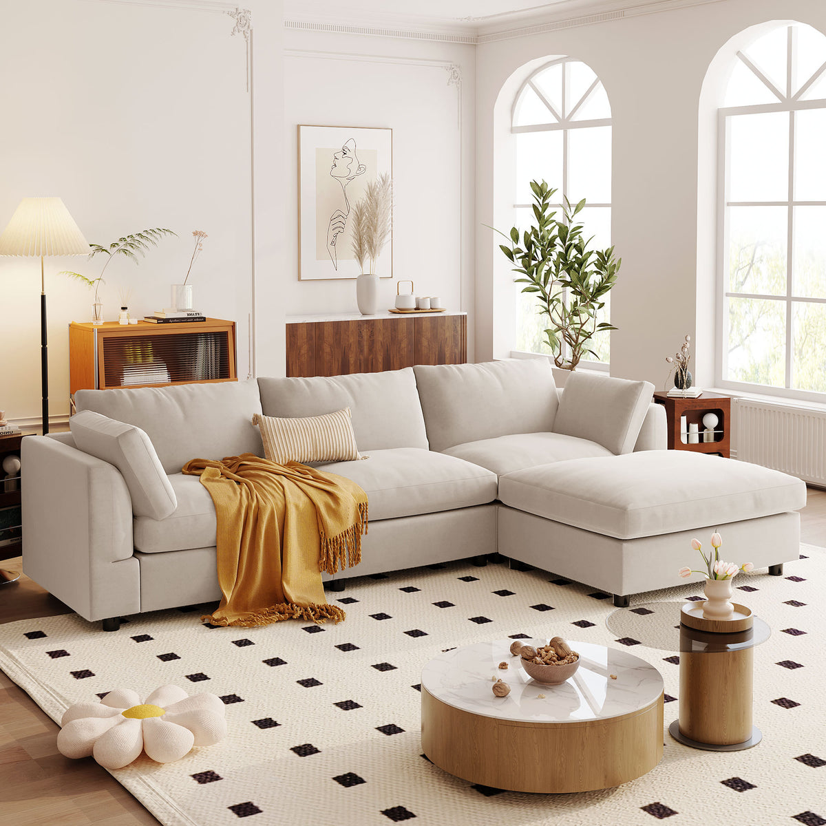 Spacious Beige Sectional Sofa with Adjustable Footrest and Deep Cushions