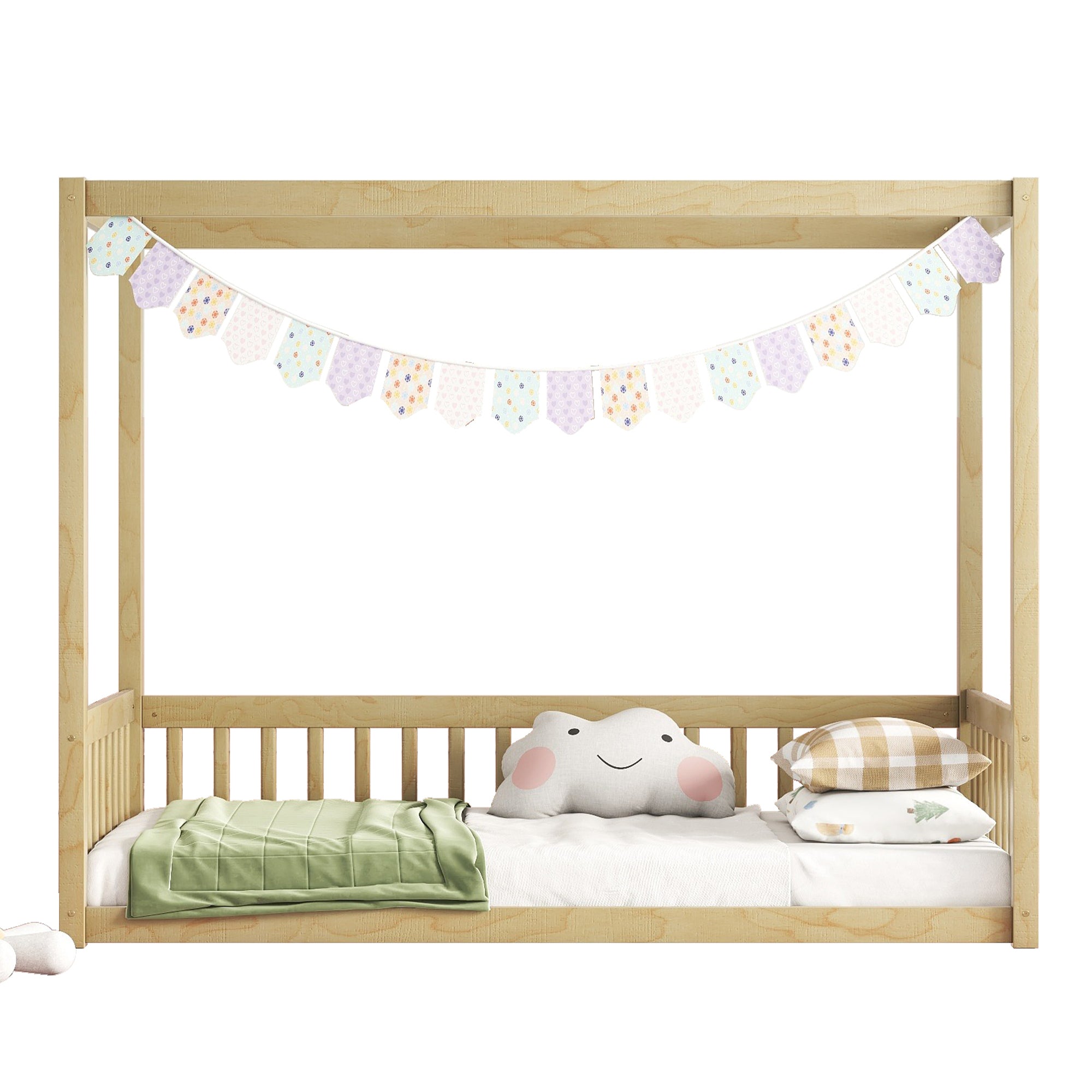 Natural Tone Twin Size Canopy Frame Floor Bed with Guardrails