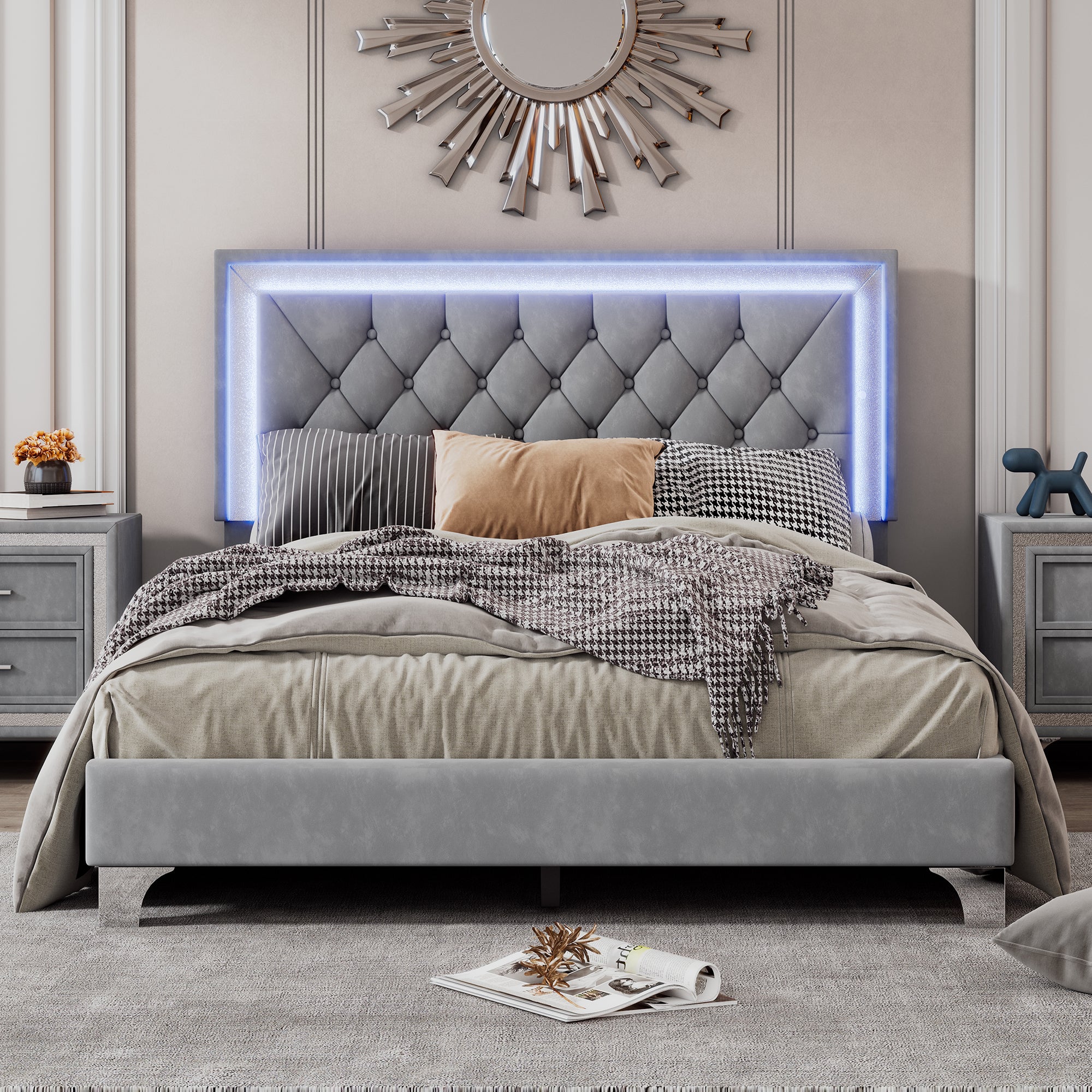 Full Size Upholstered Bed Frame with LED Lights Modern Velvet Platform Bed with Tufted Headboard In Gray