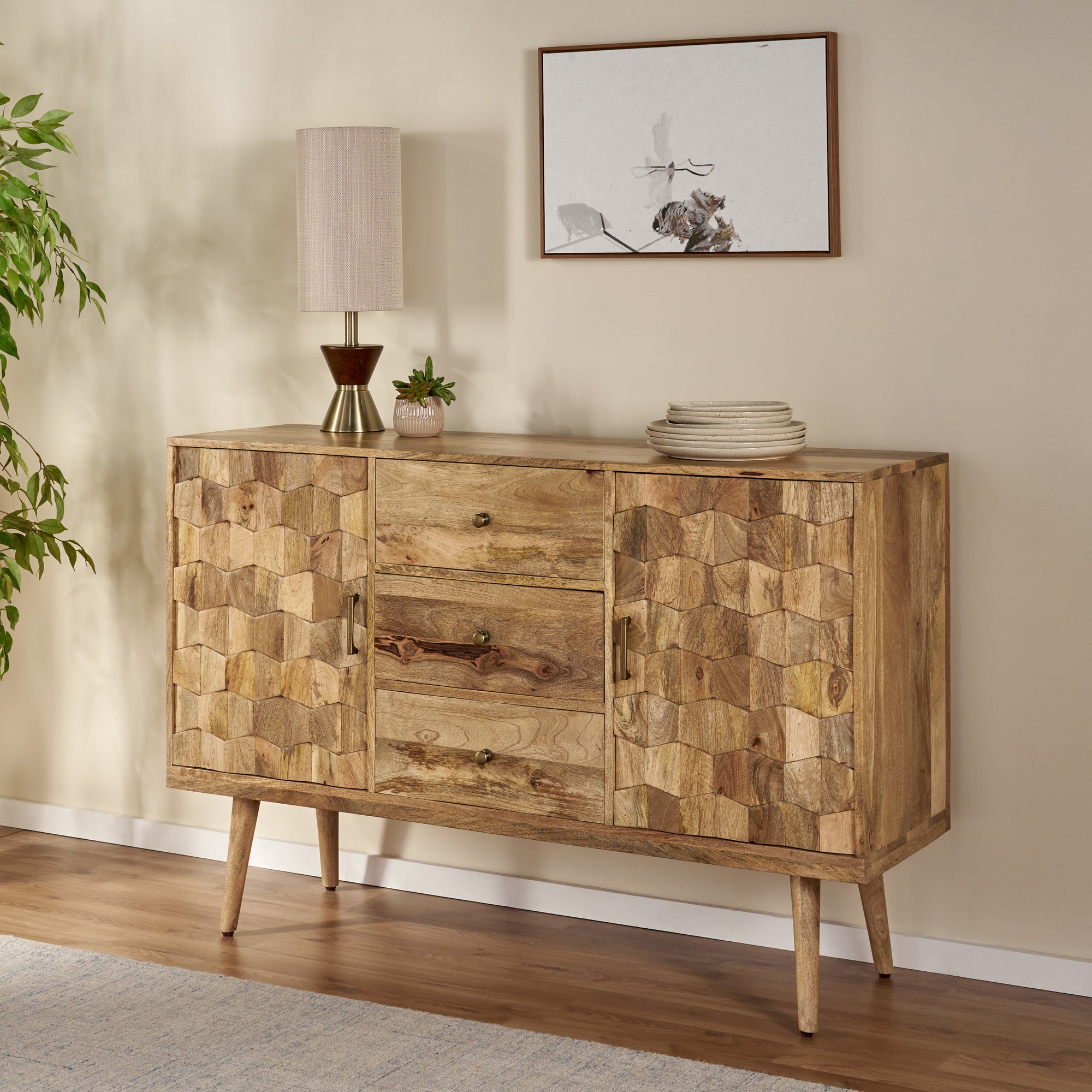 3 Drawer Sideboard With 2 Door KD Legs Made From Mango Wood In Natural