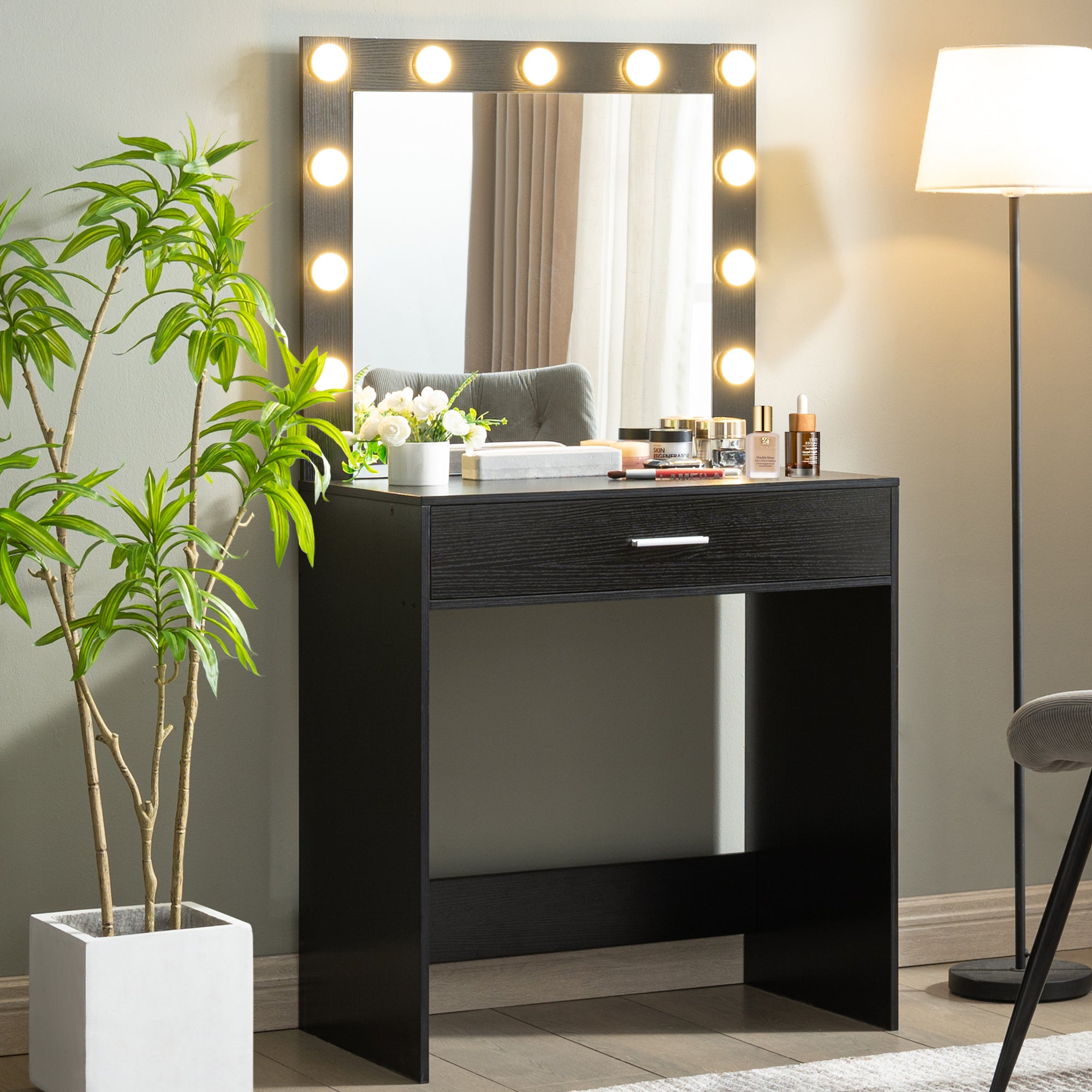 Vanity Desk with Mirror and Lights for Makeup, Large Drawer and 3 Adjustable Lighting Modes, Perfect for Bedroom In Black