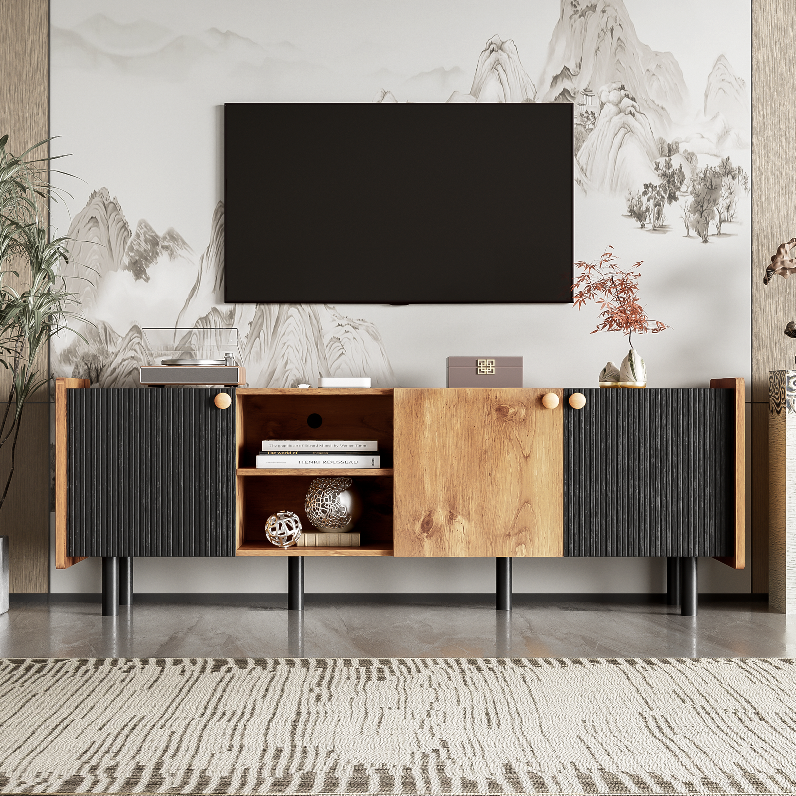 Black & Brown Mid Century Modern TV Stand for TVs Up to 70"