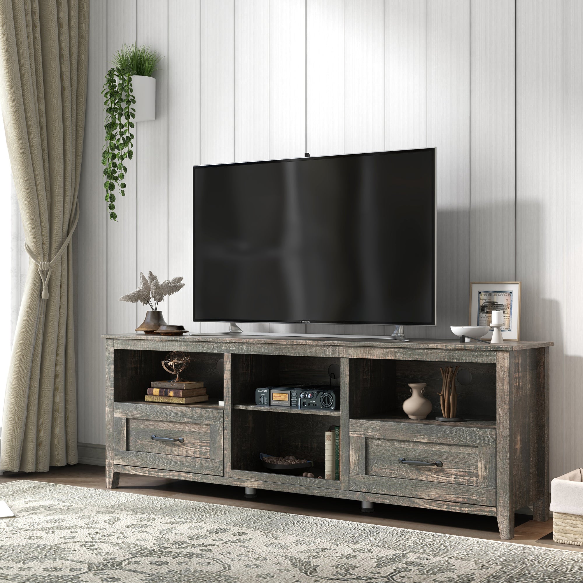 70 Inch Length TV Stand With 2 Drawers And 4 Storage Compartments In Black Pine