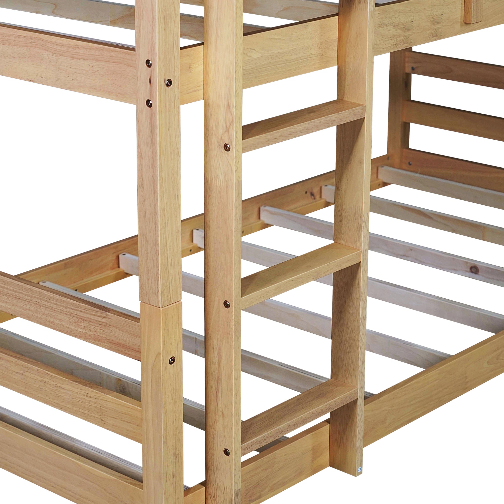 Triple Wood Bunk Bed with Two Built-in Ladders and Guardrails