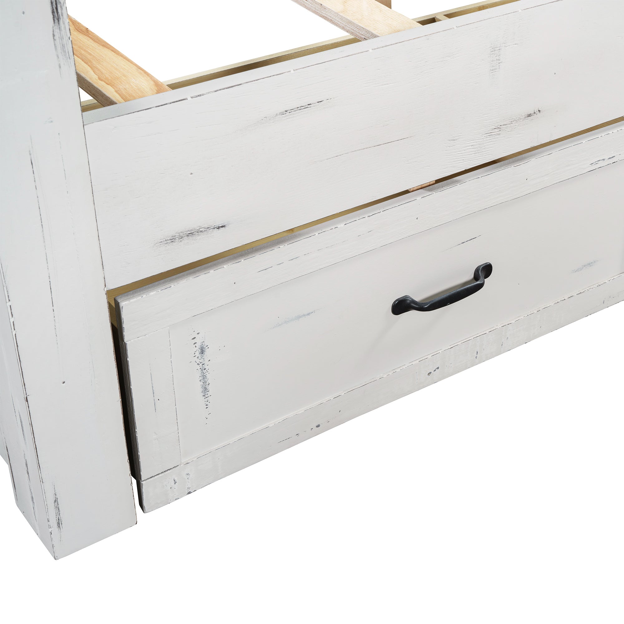 Ancient White Queen Size Farmhouse Bed Frame with Storage Drawers