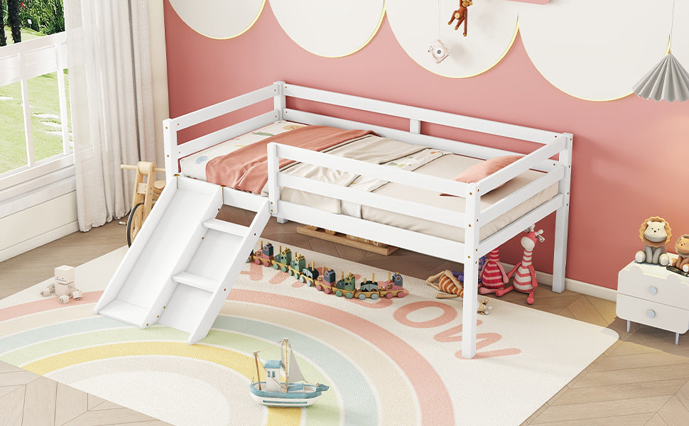 Twin Size Low Loft Bed with Slide, Ladder & Safety Guardrails in White