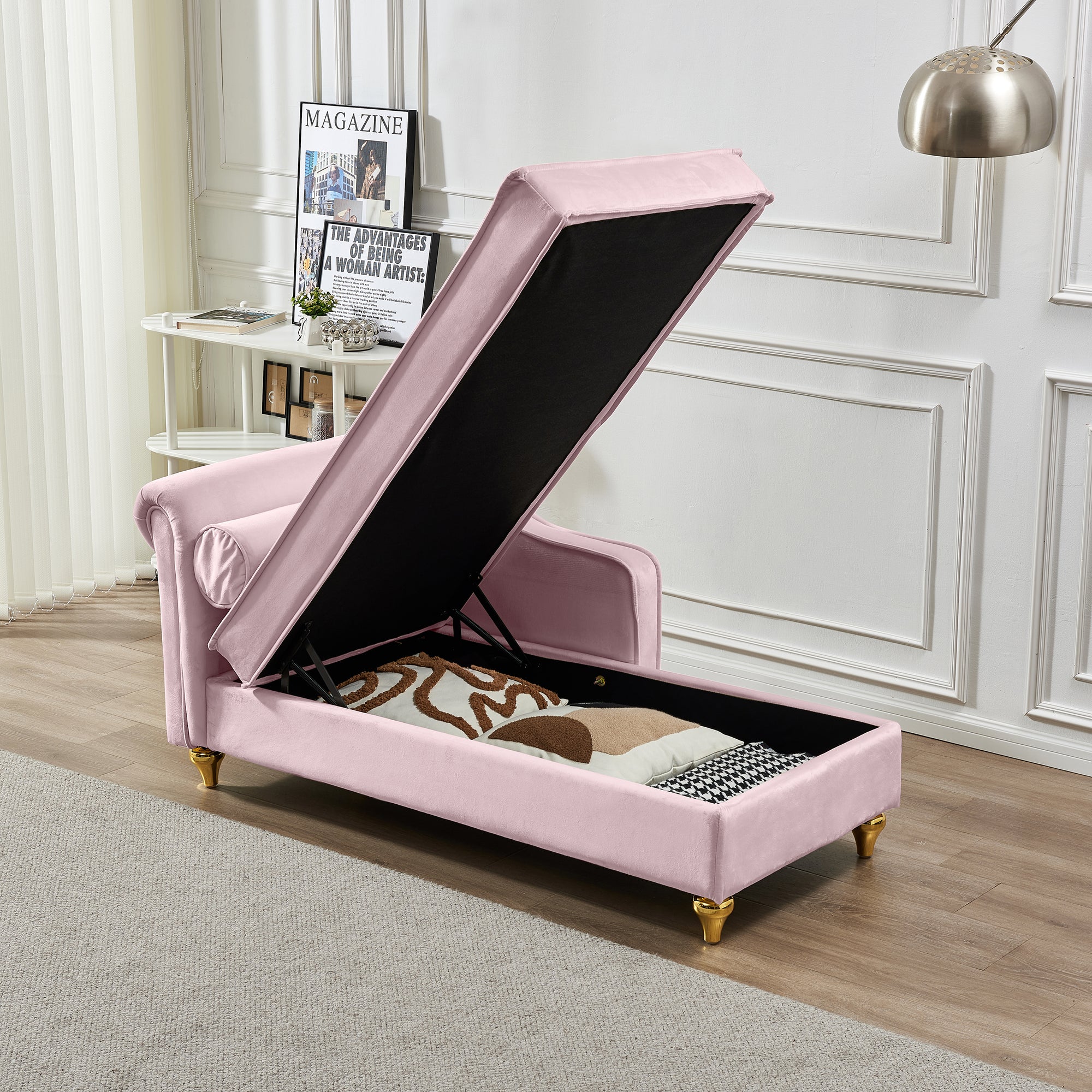 Modern Pink Velvet Chaise Lounge With Storage Compartment