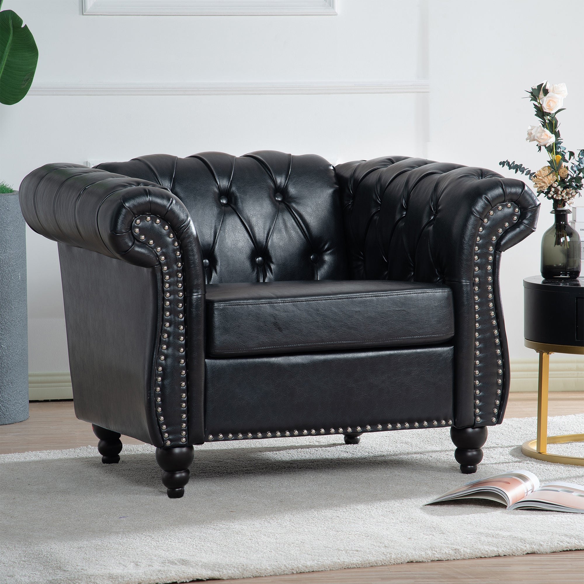 Black Mid-Century Faux Leather One Seater Sofa