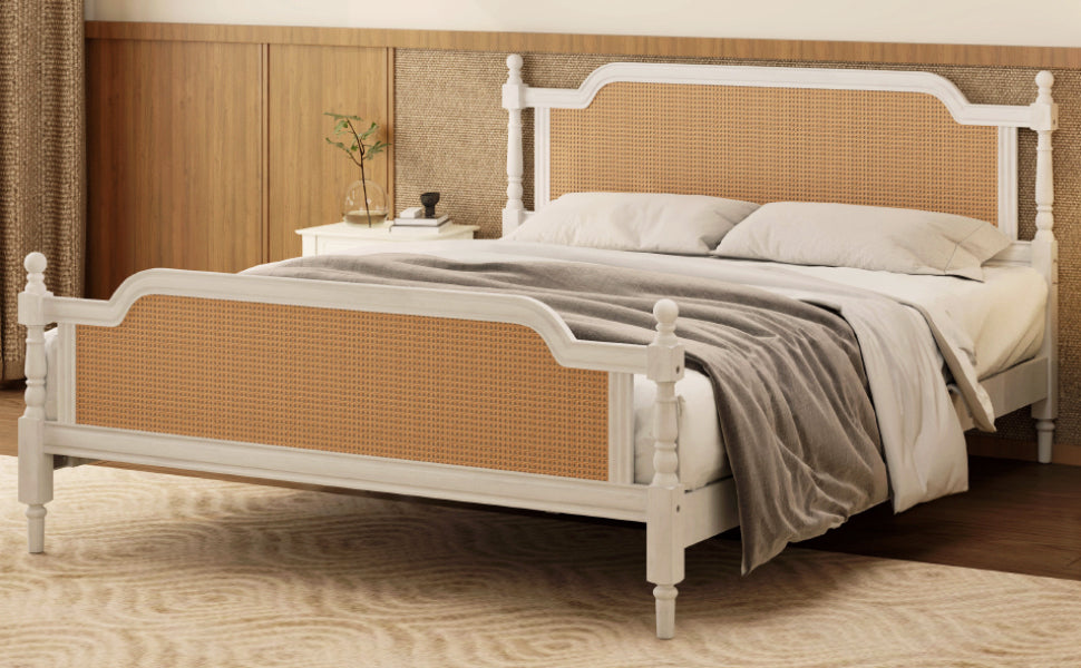 Queen Size Rattan Bed Frame in Antique White