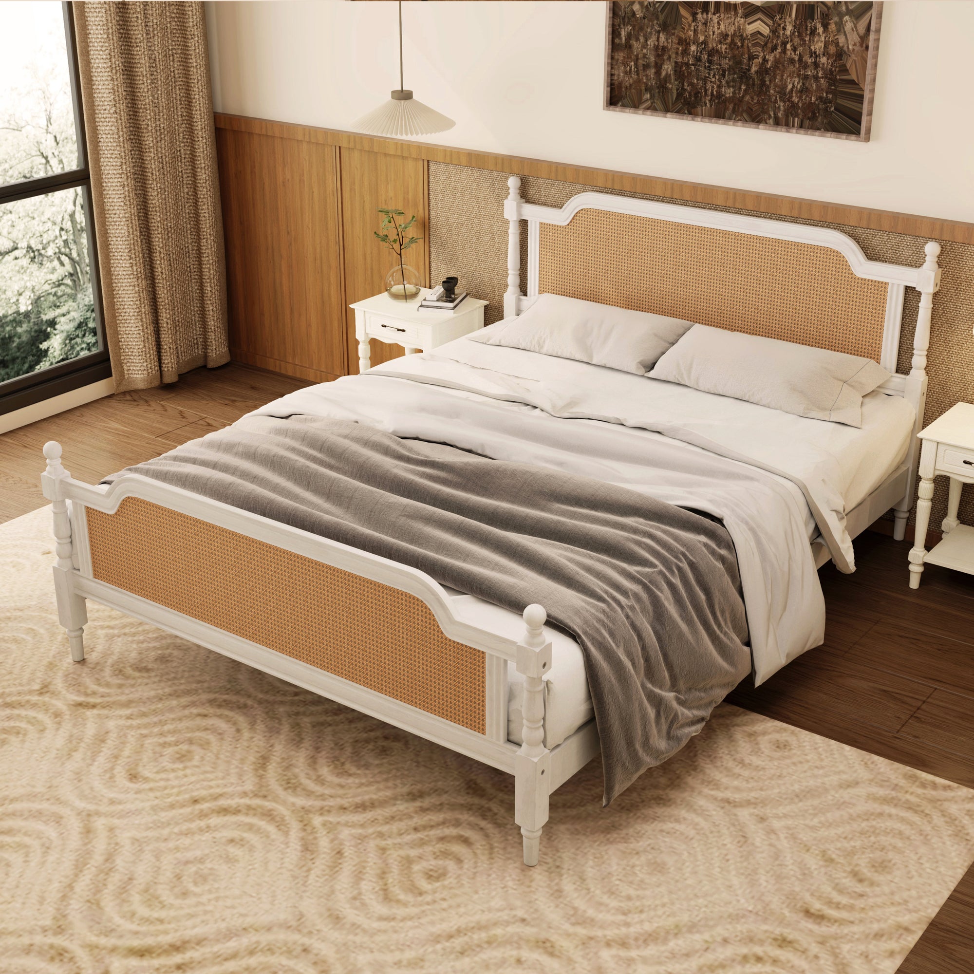 Queen Size Rattan Bed Frame in Antique White