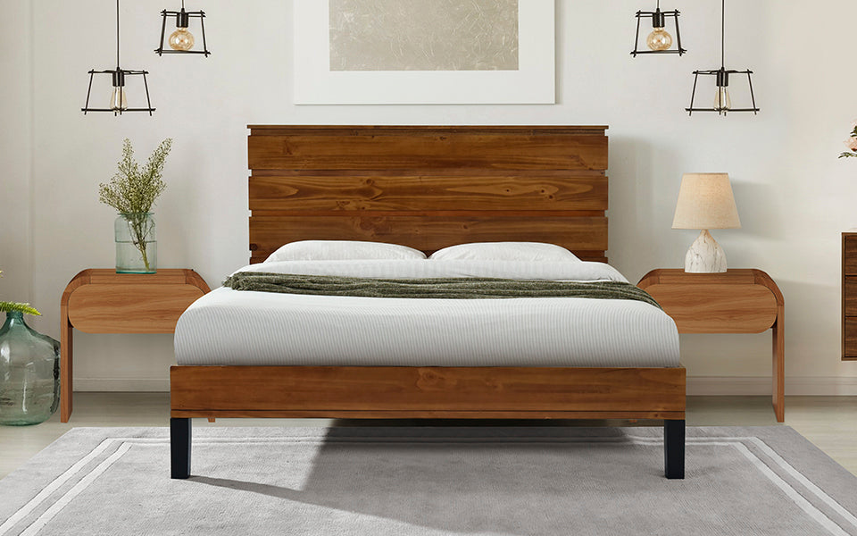 Mid-Century Modern King Bed with Unique Six-Piece Headboard and Natural Wood Grain