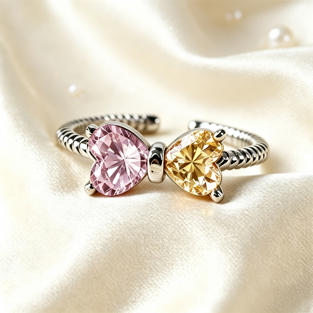 Double Birthstones Ring With Bow & Twisted Rope Band In Gold