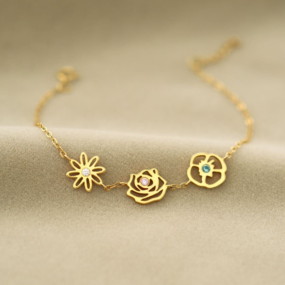 Dainty Birth Flower with Birthstone Bracelet