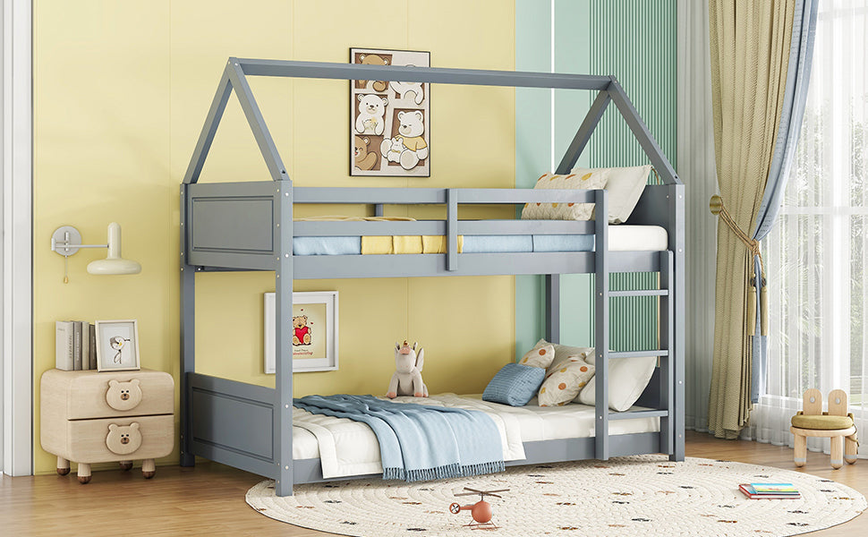 Light Gray Twin Over Twin House Floor Bunk Bed