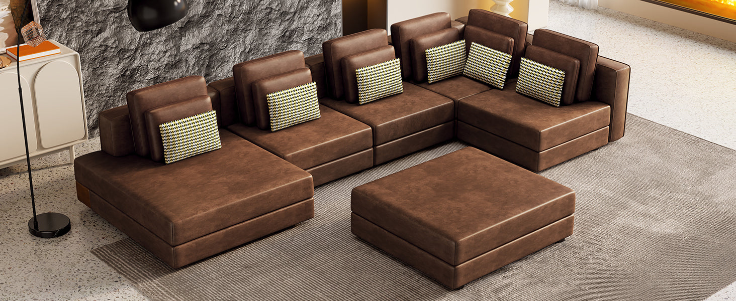 Casablanca Modular Sectional Sofa with Movable Ottoman in Brown Palomino