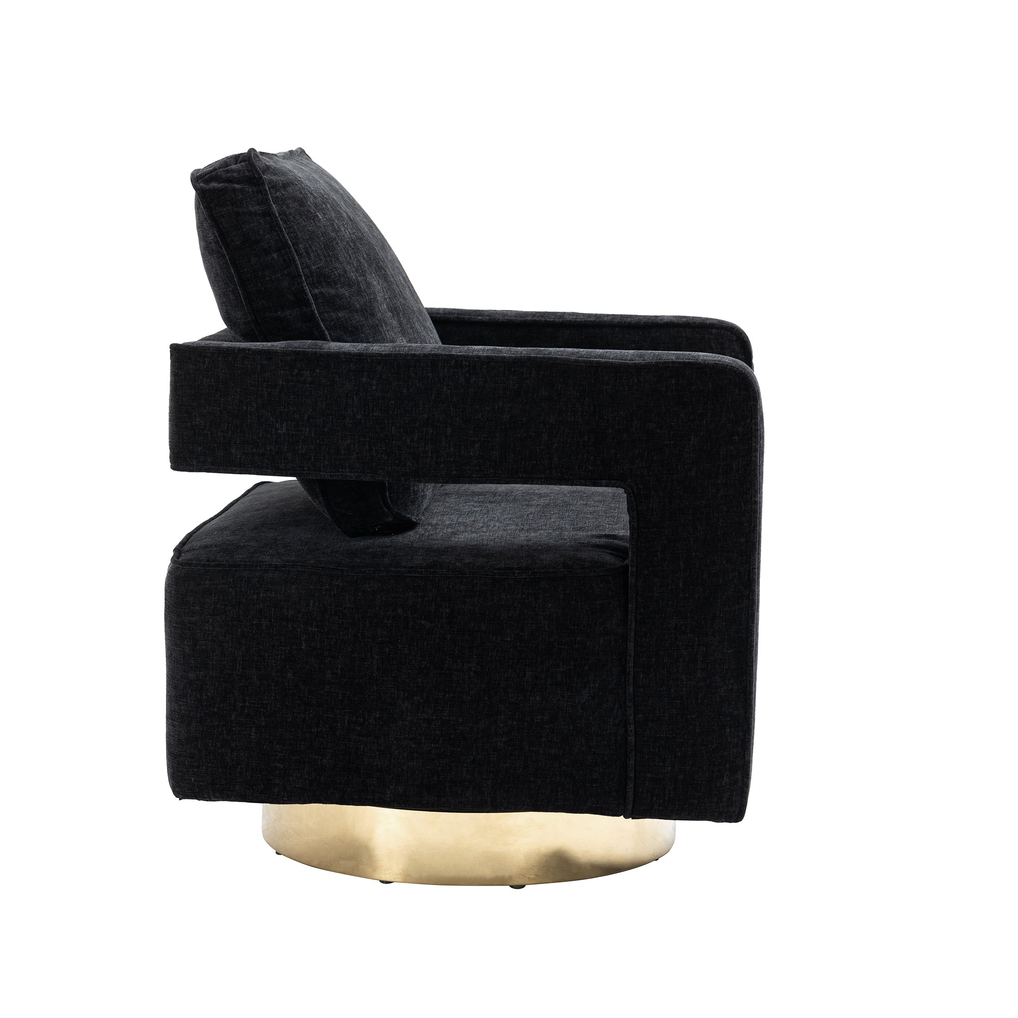 Open Back Black Chenille Swivel Accent Chair With Gold Stainless Steel Base