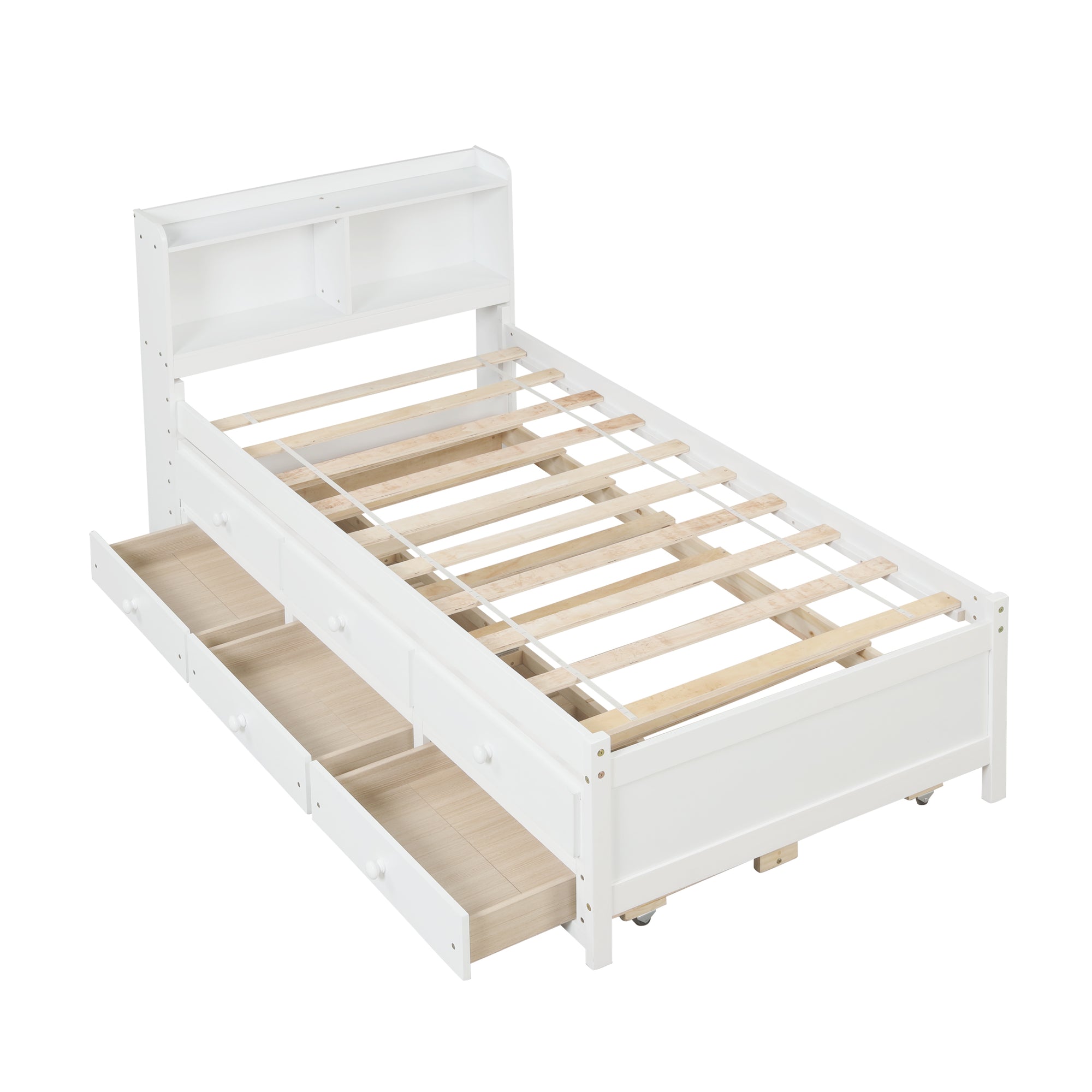 White Twin Bed with Bookcase, Trundle, and Drawers