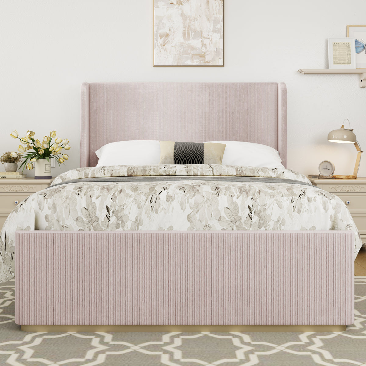 Pink Queen Upholstered Corduroy Bed Frame with High Wingback Headboard