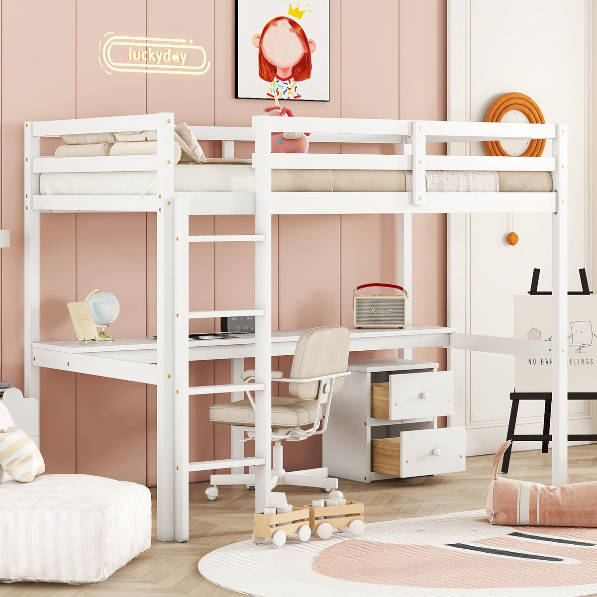 White Twin Loft Bed with Built-in Desk, Storage Cabinet, Guardrails &amp; Ladder