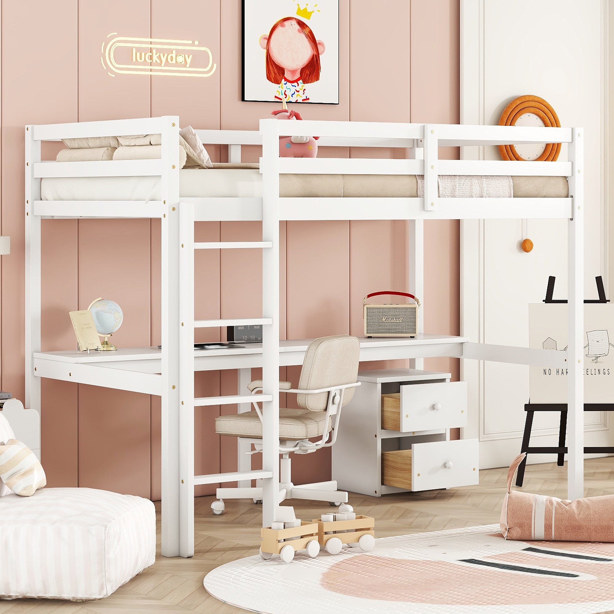 White Twin Loft Bed with Built-in Desk, Storage Cabinet, Guardrails & Ladder