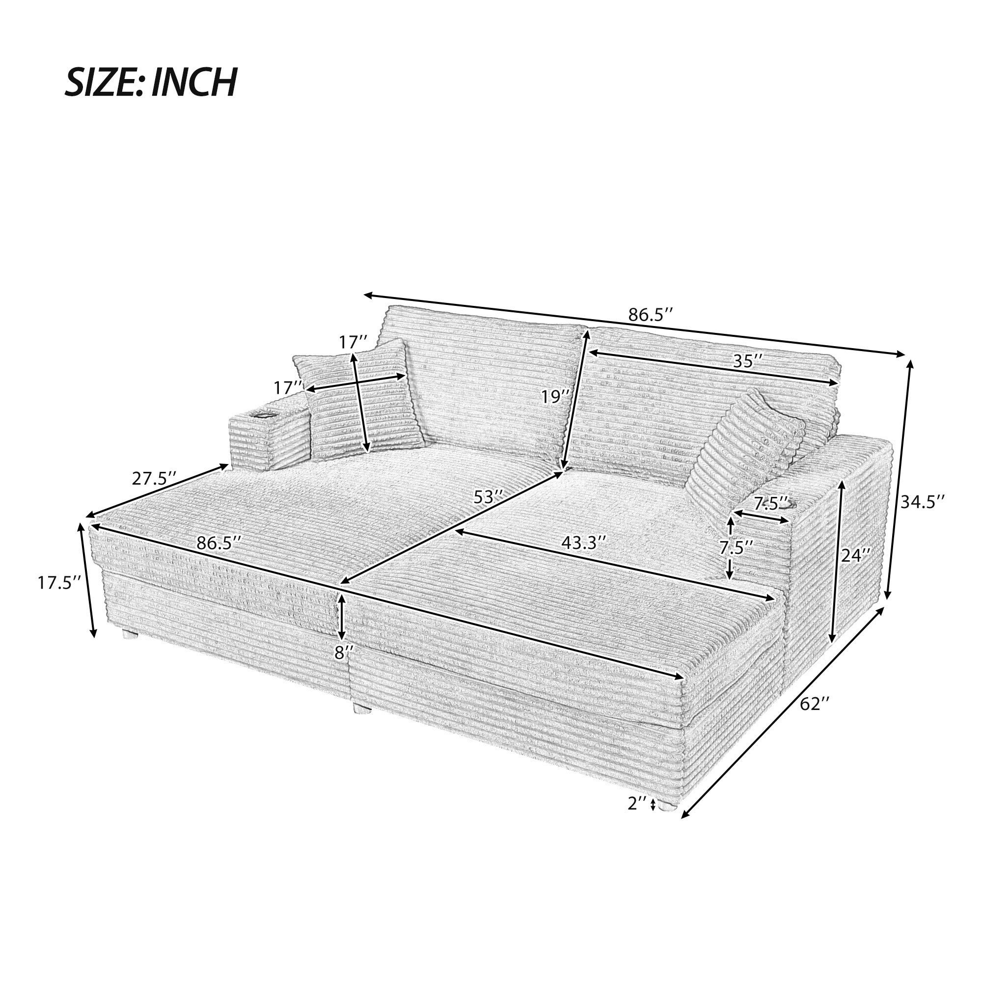 2-Seater Corduroy Chaise Lounge Sofa With Cup Holders