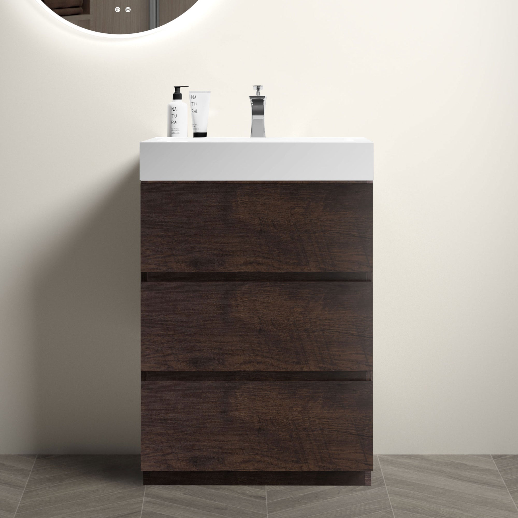 24 Walnut Bathroom Vanity with Sink Freestanding Design Large Storage Soft-Closing Drawers In White