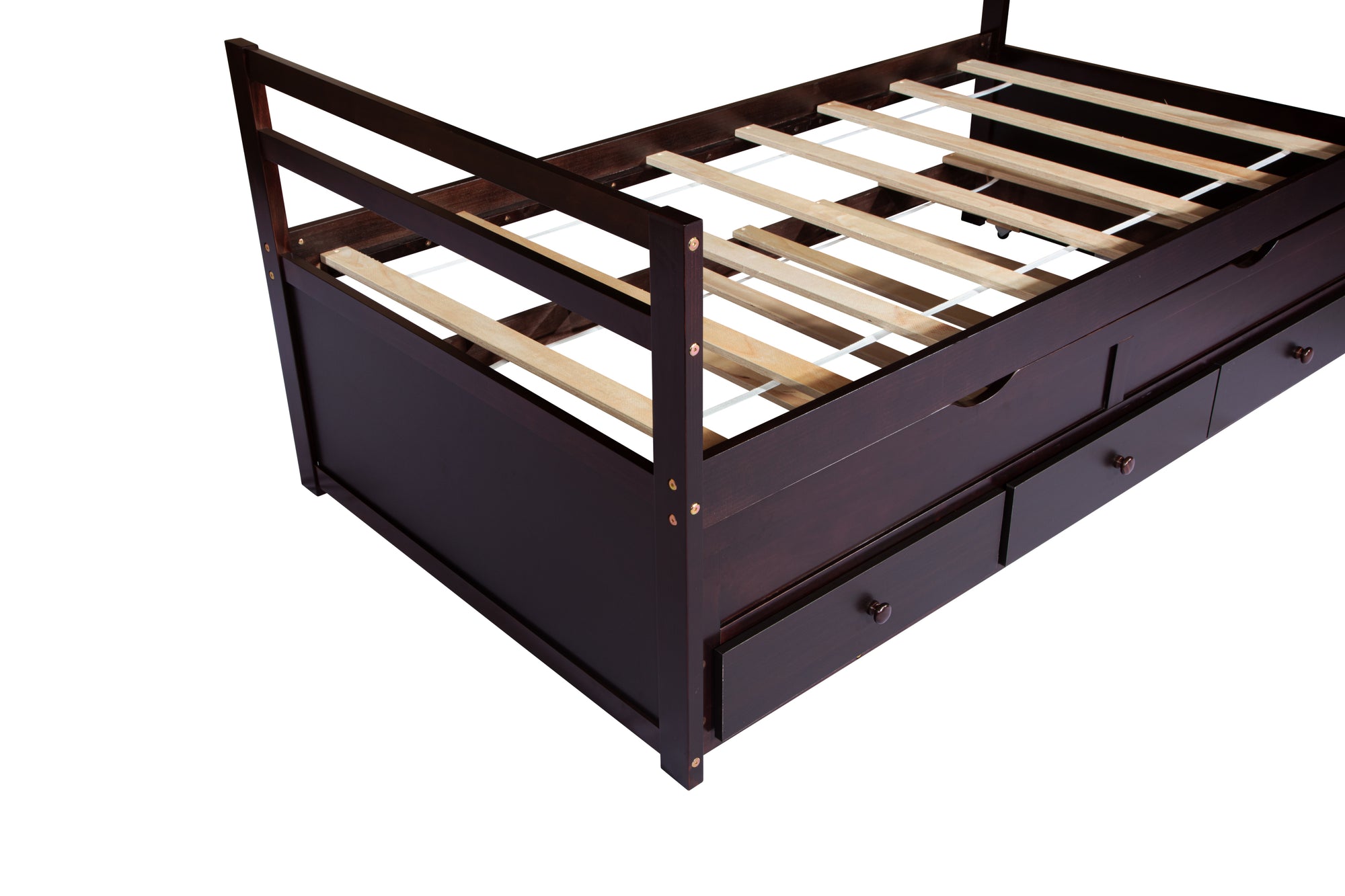 Espresso Pine Twin Size Bed with Headboard, Footboard, Trundle, and Three Storage Drawers