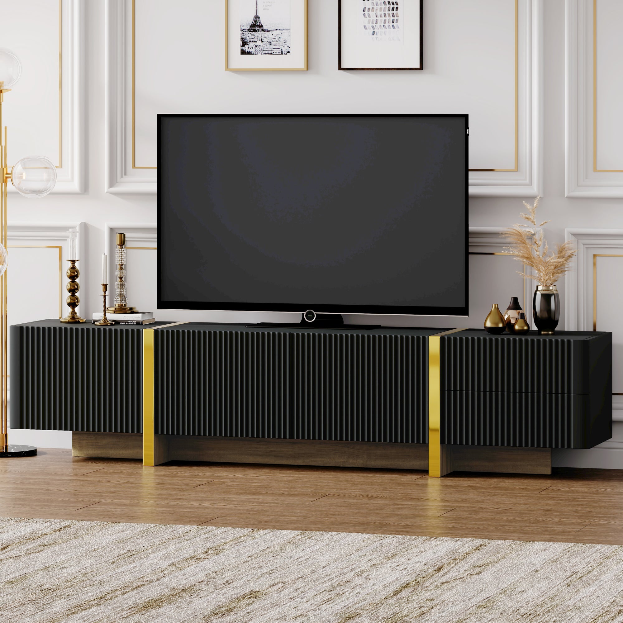 Luxury Fluted TV Stand for TVs Up to 80 Inch Modern Entertainment Center with Storage Cabinets In Black