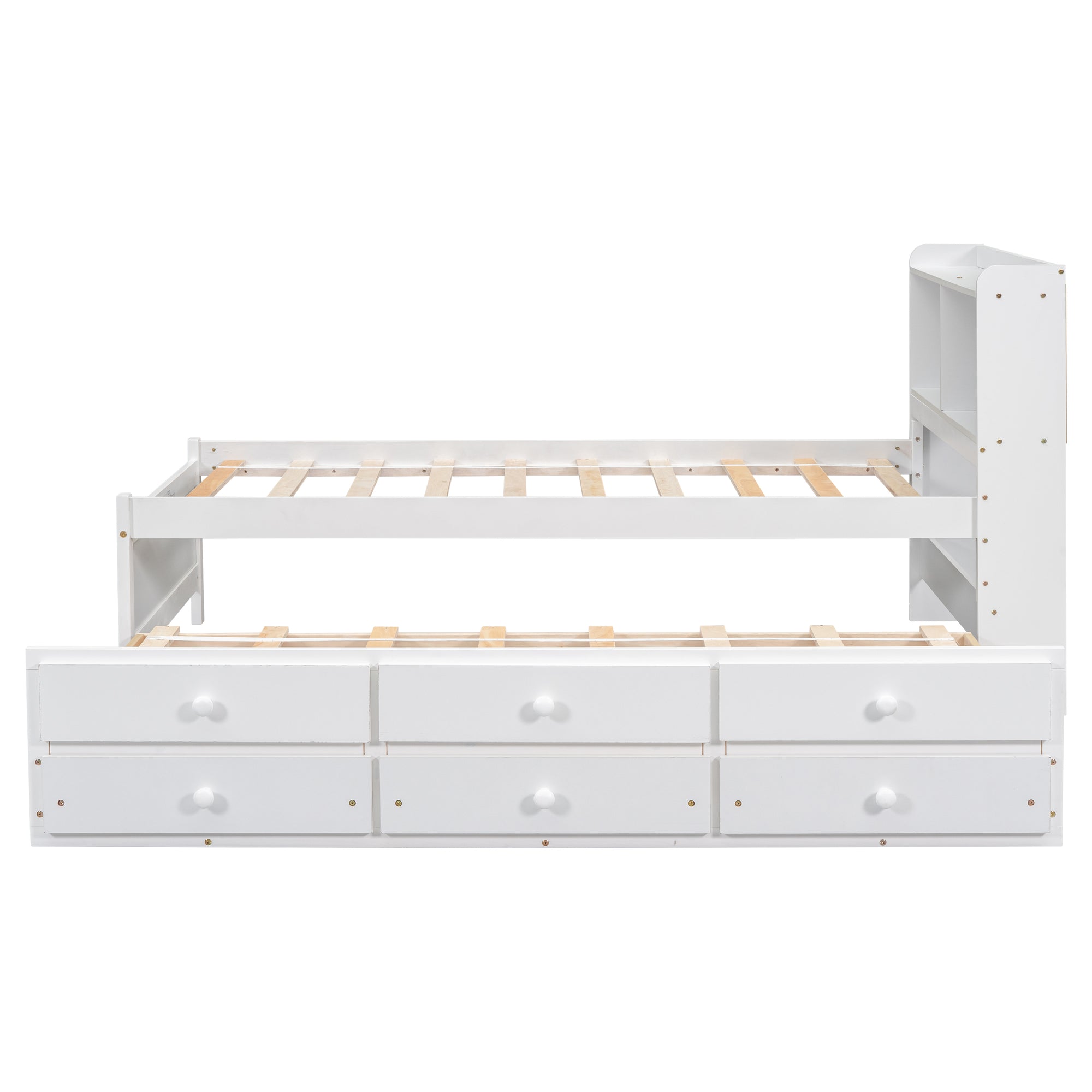 Twin Bed with USB & Type-C Ports, LED Lights, Bookcase Headboard, Trundle & 3 Drawers In White