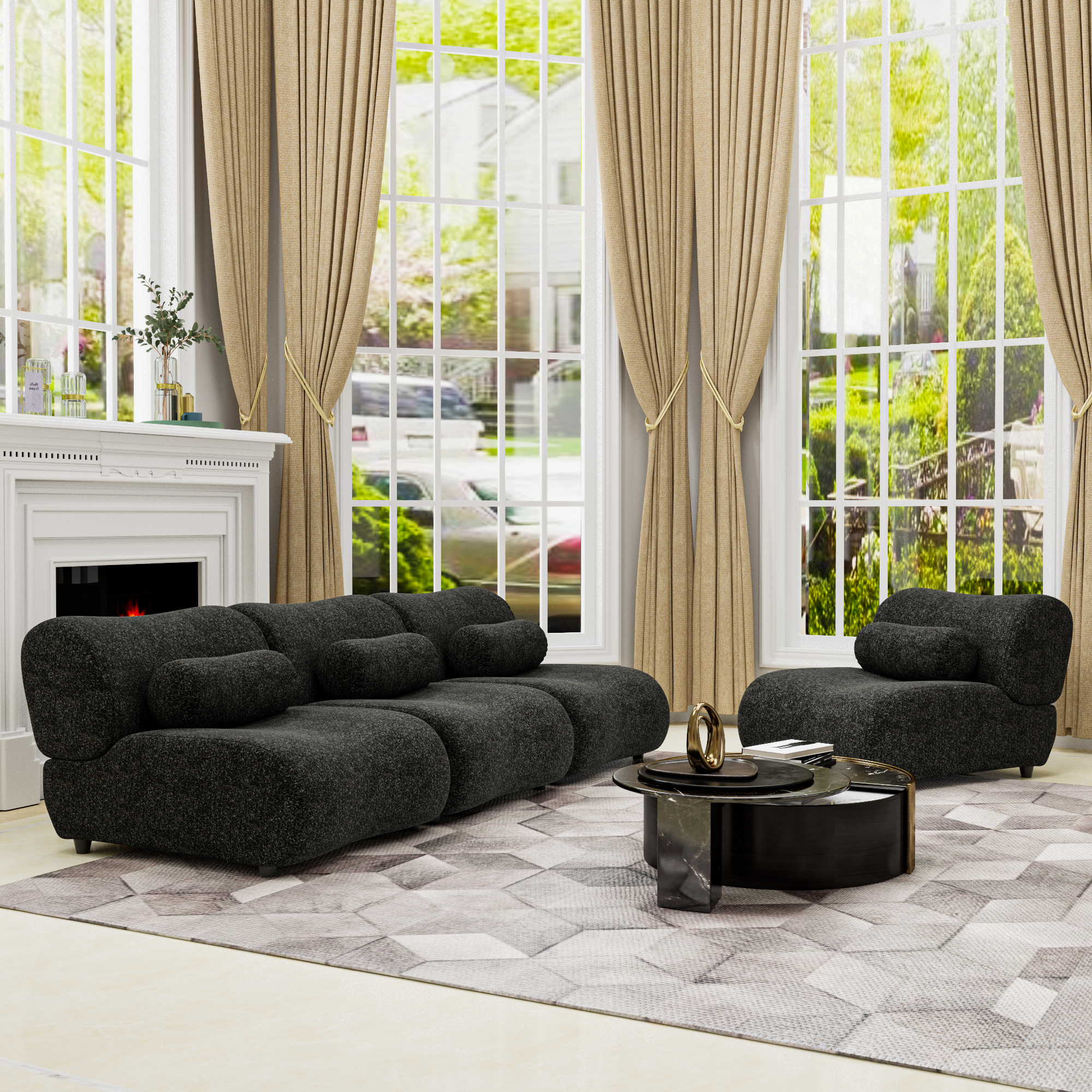 Freely Arrangeable Modern Oversized Chenille Sofa Set In Black With Cylindrical Pillows