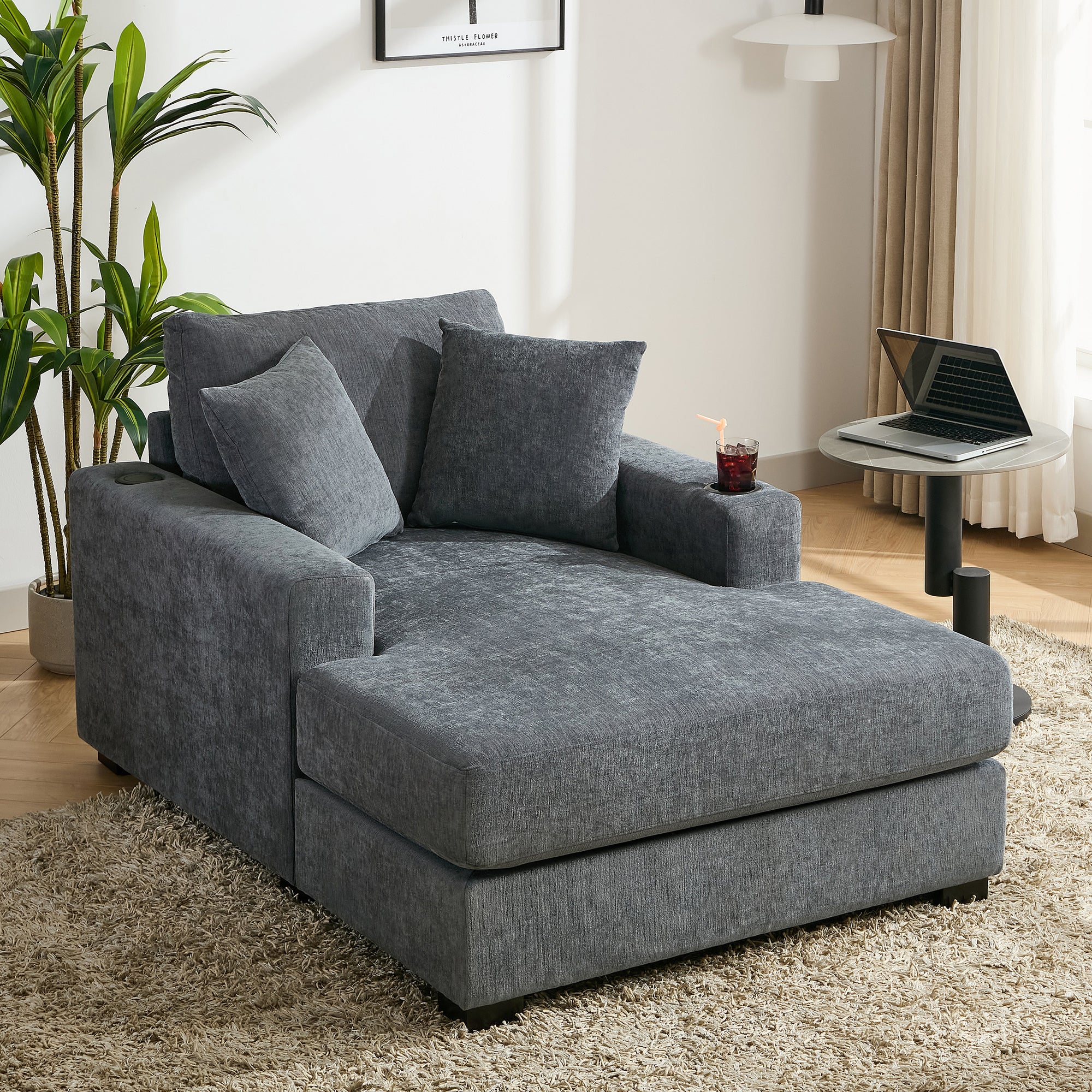 Blue-Gray Chenille Oversized Chaise Lounger with Built-In Charge Station & Cup Holders